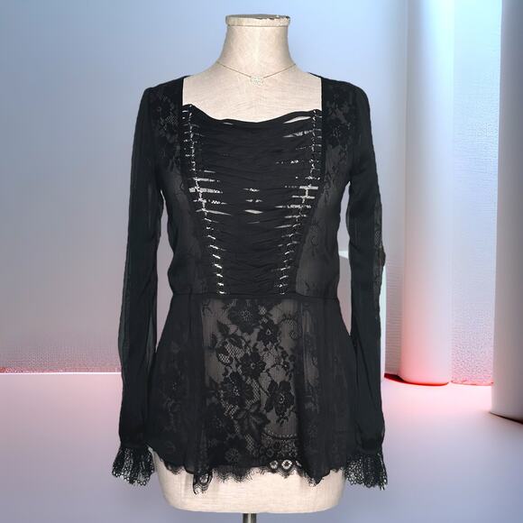 THE KOOPLES Sheer Lace Top Corset Ribbon Blouse Peplum Black Dark Romance Sexy - Picture 1 of 13